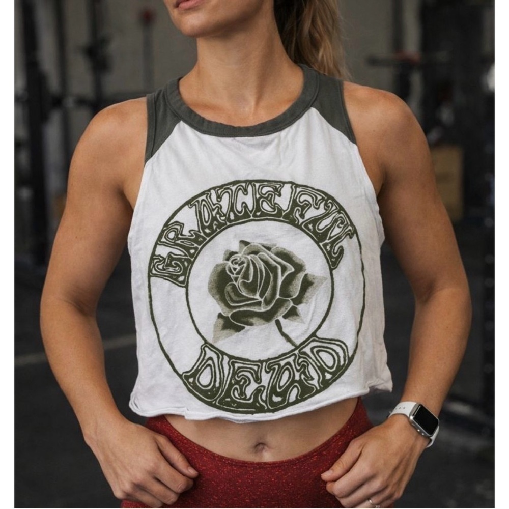 American Eagle Green White Split Neck Grateful Dead Cropped Tank Top Size Medium